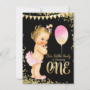 Convite Aniversário de 1 ano Meninas Dourado Brilhante
