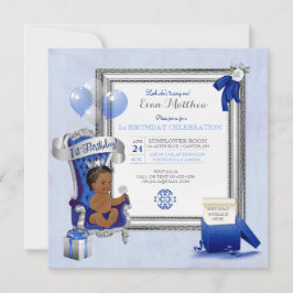 Convite Aniversário de 1 ano Menino Étnico Azul Real Prata