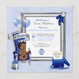 Convite Aniversário de 1 ano Menino Étnico Azul Real Prata
