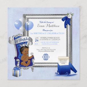 Convite Aniversário de 1 ano Menino Étnico Azul Real Prata