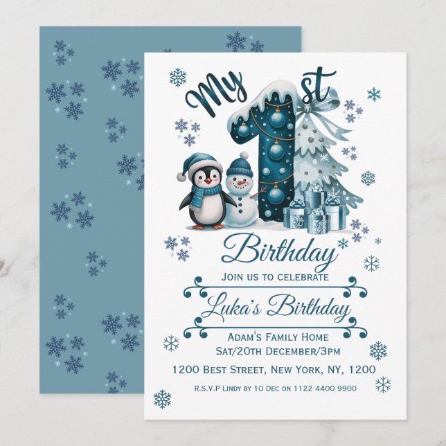 Convite Aniversário de 1 ano Natal Azul (Frente/Verso)