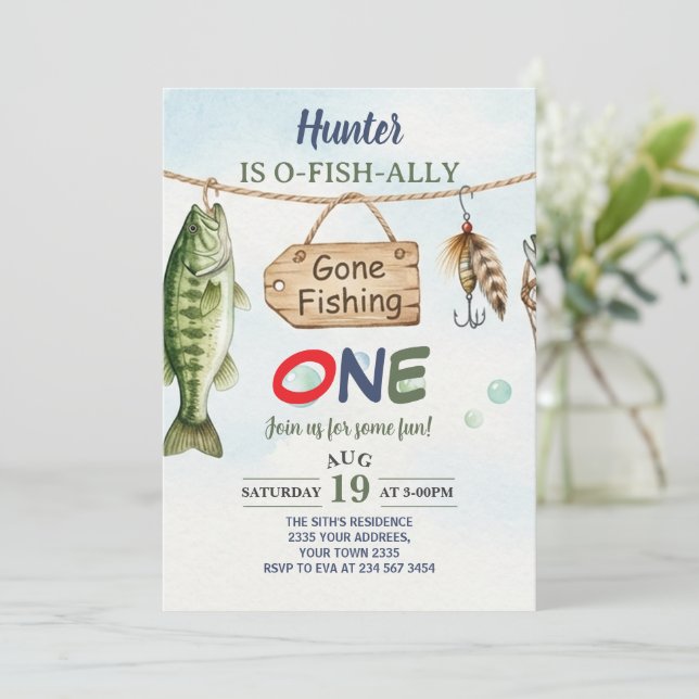 Convite Aniversário de 1 ano O-Fish-Ally Um de Pesca (Em pé/Frente)