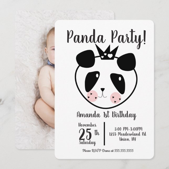 Convite Aniversário de 1 ano Panda Fofo Moderno (Frente/Verso)