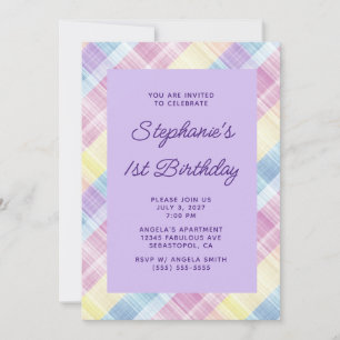 Convite Aniversário de 1 ano Pastel Rainbow Linen Xadrez