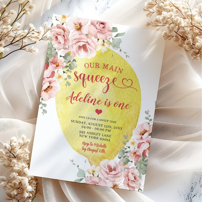 Convite Aniversário de 1 ano Pink Blush Floral Lemon Main  (Criador carregado)