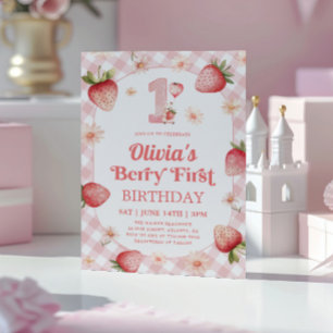 Convite Aniversário de 1 ano Pink Gingham Morango 