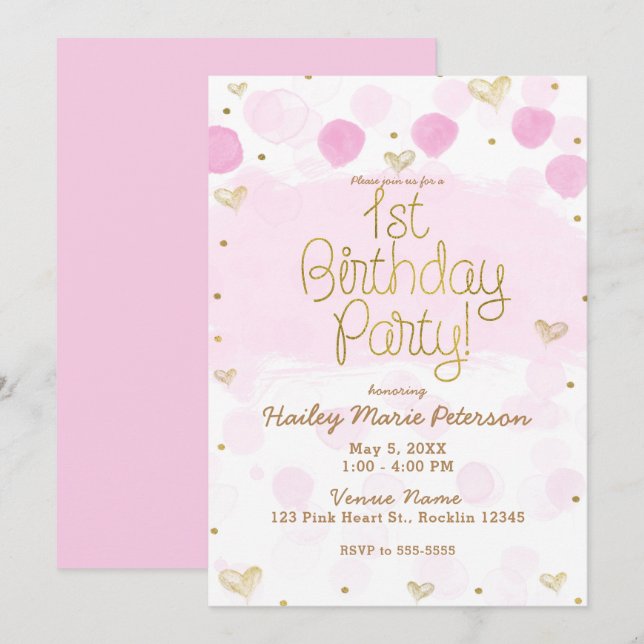 Convite Aniversário de 1 ano Pink Gold White Bolinhas & Co (Frente/Verso)