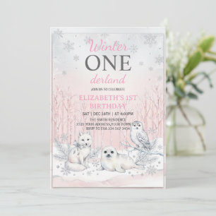 Convite Aniversário de 1 ano Pink Winter Onederland Brilho