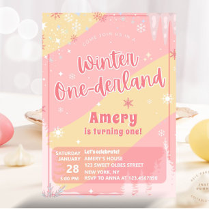 Convite Aniversário de 1 ano Pink Winter Onederland Brilho