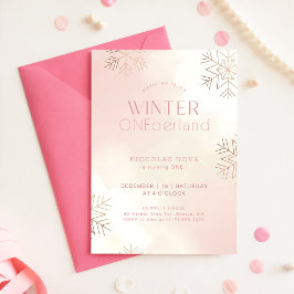 Convite Aniversário de 1 ano Pink Winter Onederland Floco