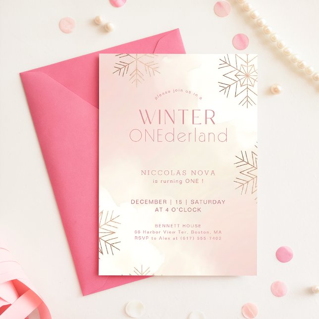 Convite Aniversário de 1 ano Pink Winter Onederland Floco  (Criador carregado)
