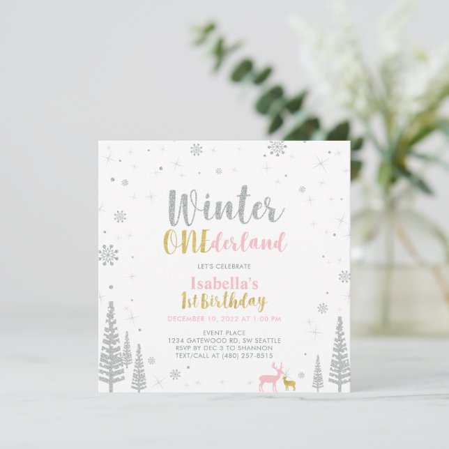 Convite Aniversário de 1 ano Silver & Gold Winter Onederla (Em pé/Frente)