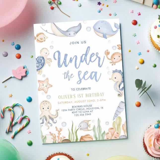 Convite Aniversário de 1 ano Sob o Mar Animais Oceânicos (Criador carregado)