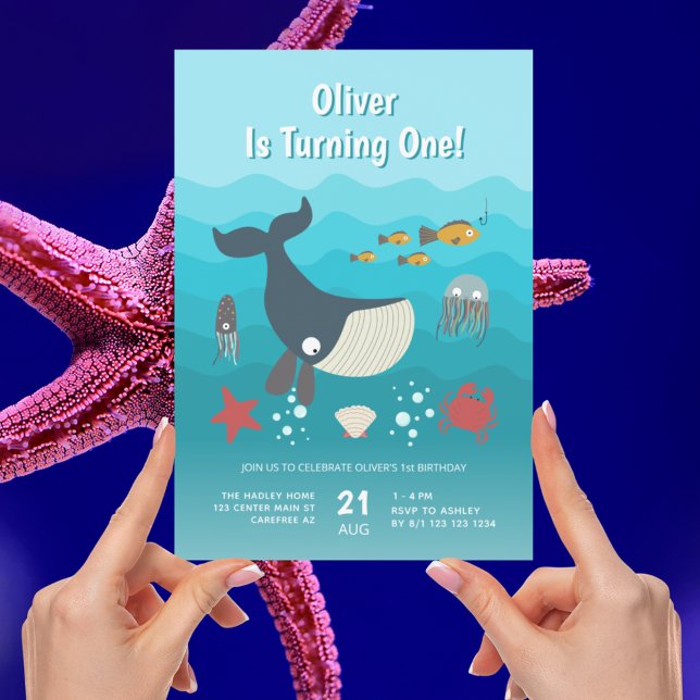 Convite Aniversário de 1 ano Sob o Mar Animais Oceânicos (Criador carregado)