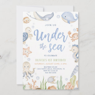 Convite Aniversário de 1 ano Sob o Mar Animais Oceânicos