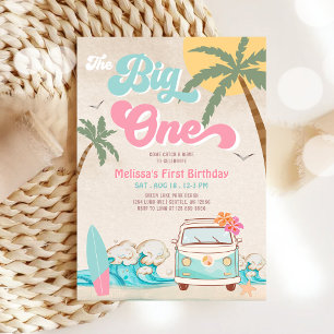 Convite Aniversário de 1 ano surfe The Big One Rosa-Mint
