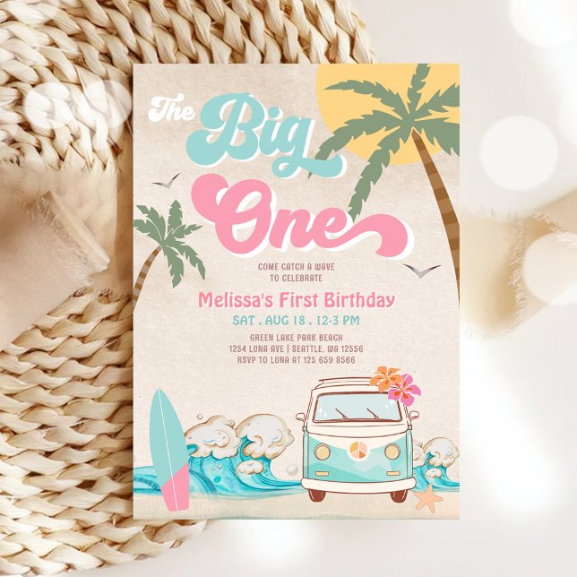 Convite Aniversário de 1 ano surfe The Big One Rosa-Mint (Criador carregado)