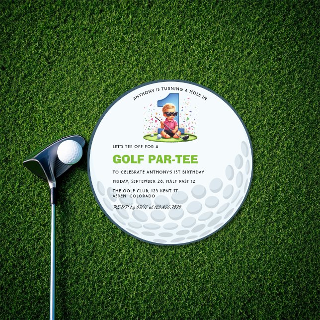 Convite Aniversário de 1 ano "Taco na Caixa" com Bola de G (Round Golf Ball "Hole in One" 1st Birthday Invitation)