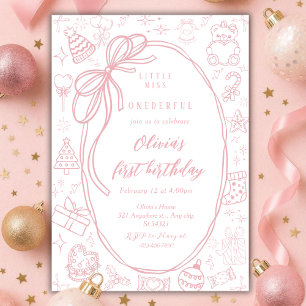 Convite Aniversário de 1 ano Valentines Pink Little Miss O