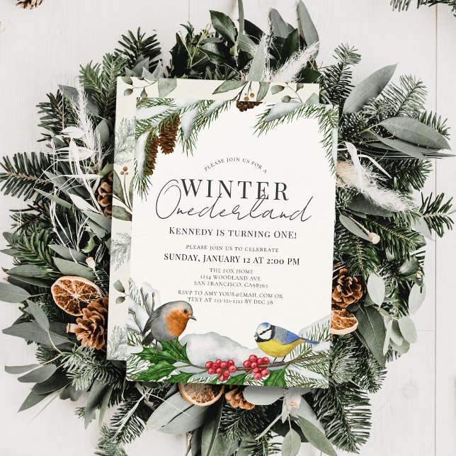 Convite Aniversário de 1 ano Winter Onederland Pássaros &  (Criador carregado)