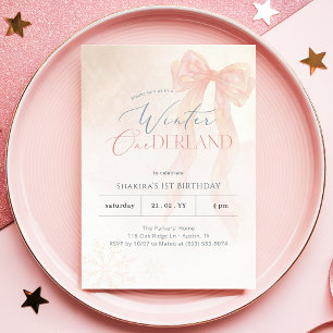 Convite Aniversário de 1 ano Winter Onederland Rosa Aquare