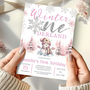 Convite Aniversário de 1 Ano Winter Onederland Rosa Brilho