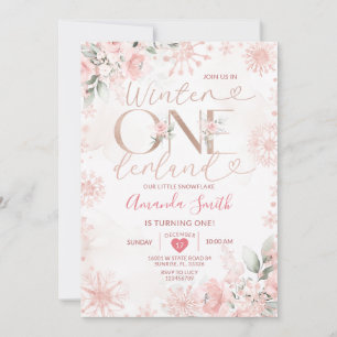 Convite Aniversário de 1 ano Winter Onederland Rosa Dourad