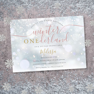 Convite Aniversário de 1 ano Winter Onederland Rosa e Dour