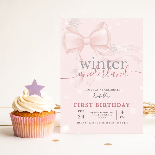 Convite Aniversário de 1 ano Winter Onederland Rosa Floco  (Criador carregado)
