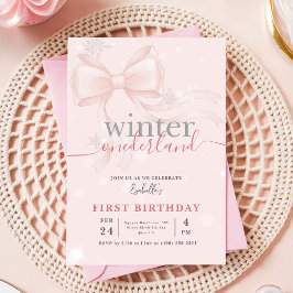 Convite Aniversário de 1 ano Winter Onederland Rosa Floco
