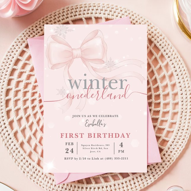 Convite Aniversário de 1 ano Winter Onederland Rosa Floco  (Criador carregado)