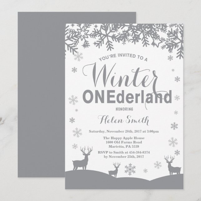Convite Aniversário de 1 Ano Winter Onederland Snowflake (Frente/Verso)