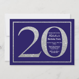 Convite Aniversário de 20 anos Azul Marinho e Brilho Prate
