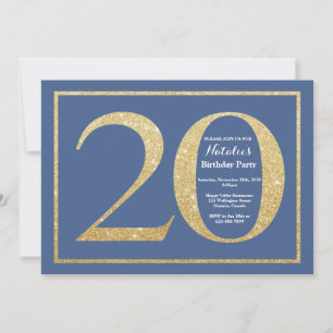 Convite Aniversário de 20 anos com Brilho Azul e Dourado