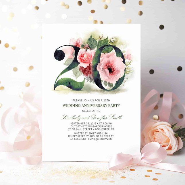 Convite Aniversário de 20 anos de casamento Floral Rosa Cl (20th Wedding Anniversary Invitations)