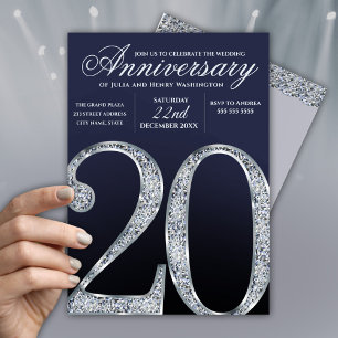 Convite Aniversário de 20 Anos Diamante Prata Azul Escuro