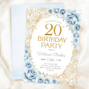 Convite Aniversário de 20 anos Dusty Blue Gold Floral Femi