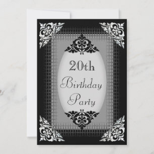 Convite Aniversário de 20 anos elegante preto e prata