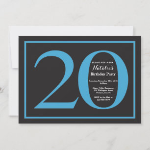 Convite Aniversário de 20 anos em quadro negro azul e pret