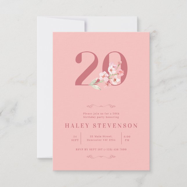 Convite Aniversário de 20 anos Floral Rosa Bege Simples e  (Frente)