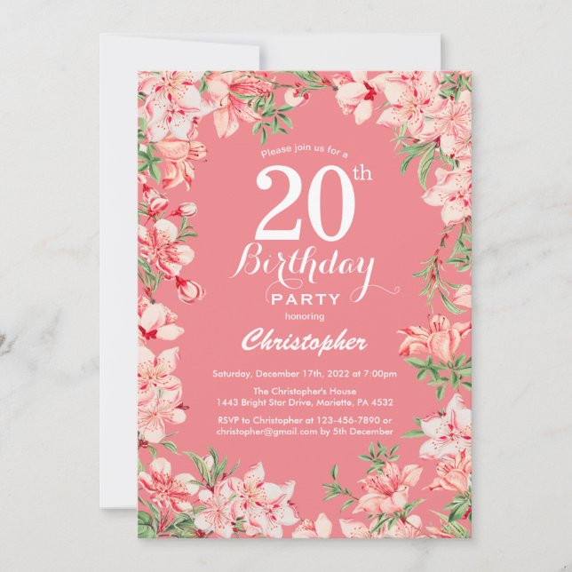 Convite Aniversário de 20 anos Flores Botânicas Boho Rosa (Frente)