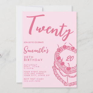 Convite Aniversário de 20 anos Rosa Simples Moderno Tendên