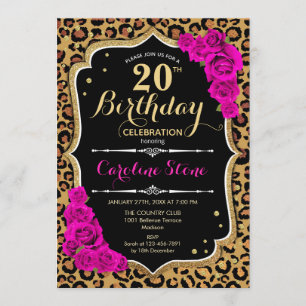 Convite Aniversário de 20 - Impressão Leopard de Rosas R