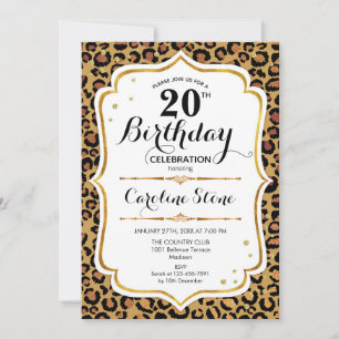 Convite Aniversário de 20 - Impressão Leopardo Dourada