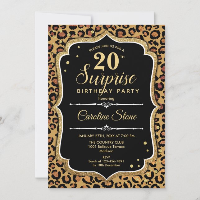 Convite Aniversário de 20 Surpresa - Preto-Leopardo Dourad (Frente)