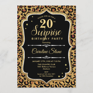 Convite Aniversário de 20 Surpresa - Preto-Leopardo Dourad