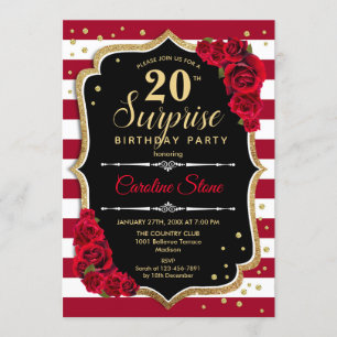Convite Aniversário de 20 Surpresa - Vermelho Branco Negro
