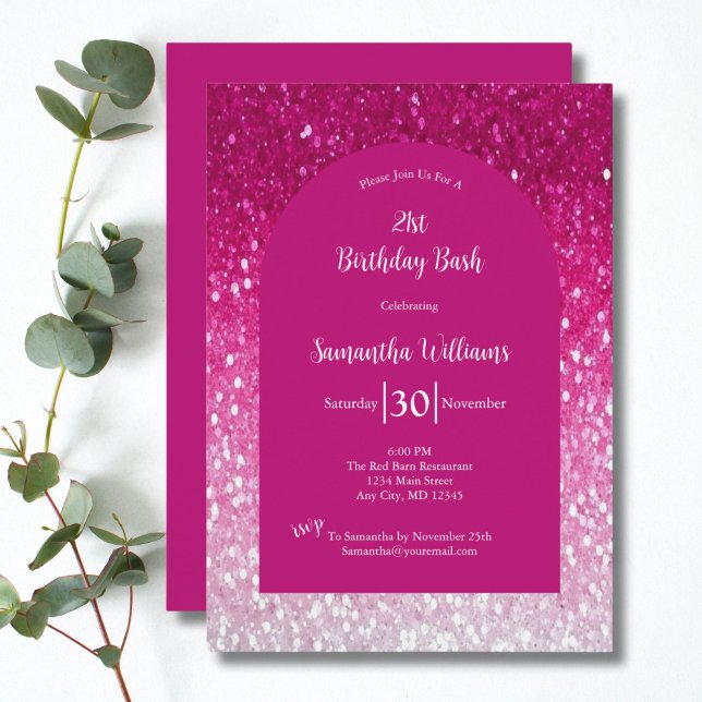 Convite Aniversário de 21 anos (Pink White Glitter 21st Birthday invitation. Glam Bling Sparkle. Printed or Digital Download)