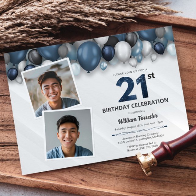 Convite Aniversário de 21 anos 2 Foto do Blue Silver Black (Blue Silver Black & White 21st Birthday 2 Photo Invitation)