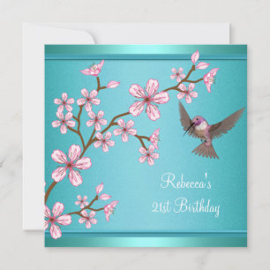 Convite Aniversário de 21 anos Azul Teal Flores Rosa Asiát